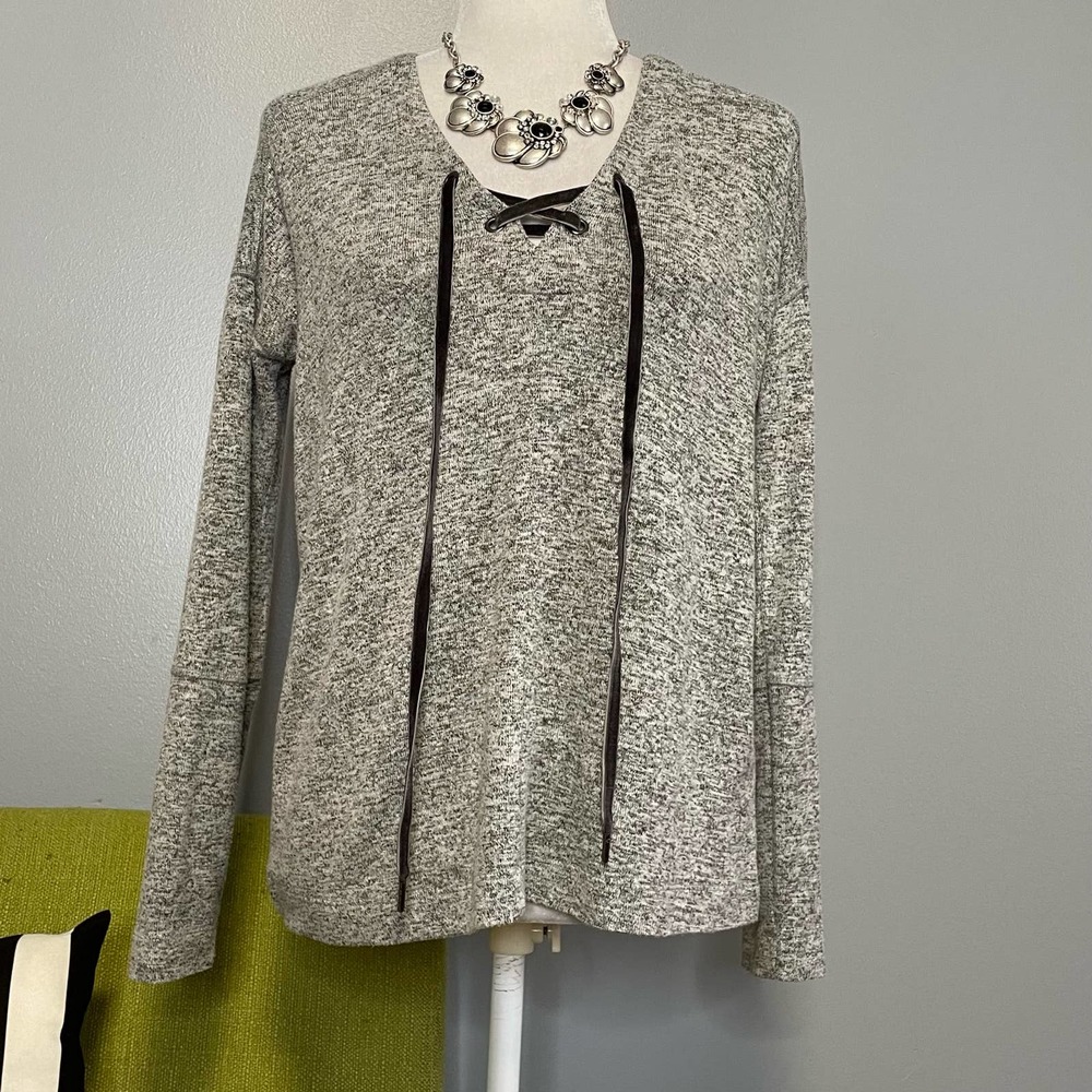 Rails Leigh Grey Knit Lace Neck Long Sleeve Top XS